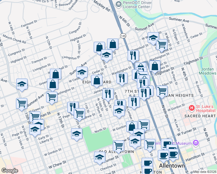 map of restaurants, bars, coffee shops, grocery stores, and more near 717 North New Street in Allentown