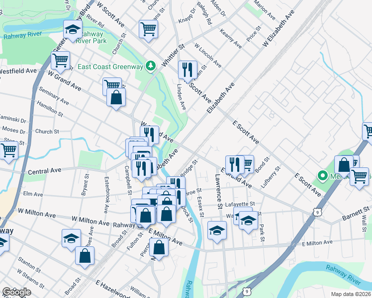 map of restaurants, bars, coffee shops, grocery stores, and more near 38 West Grand Avenue in Rahway