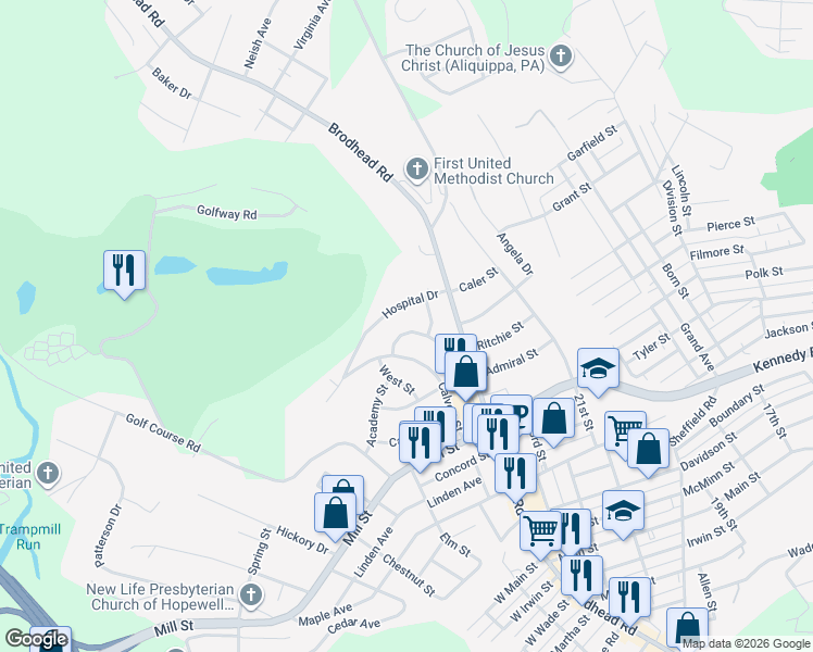map of restaurants, bars, coffee shops, grocery stores, and more near 2360 Ritchie Street in Aliquippa