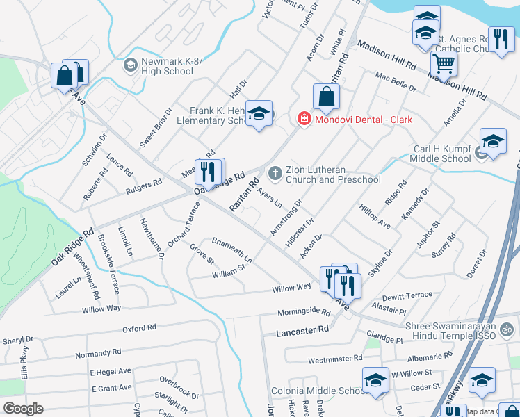 map of restaurants, bars, coffee shops, grocery stores, and more near 29 Harvey Court in Clark