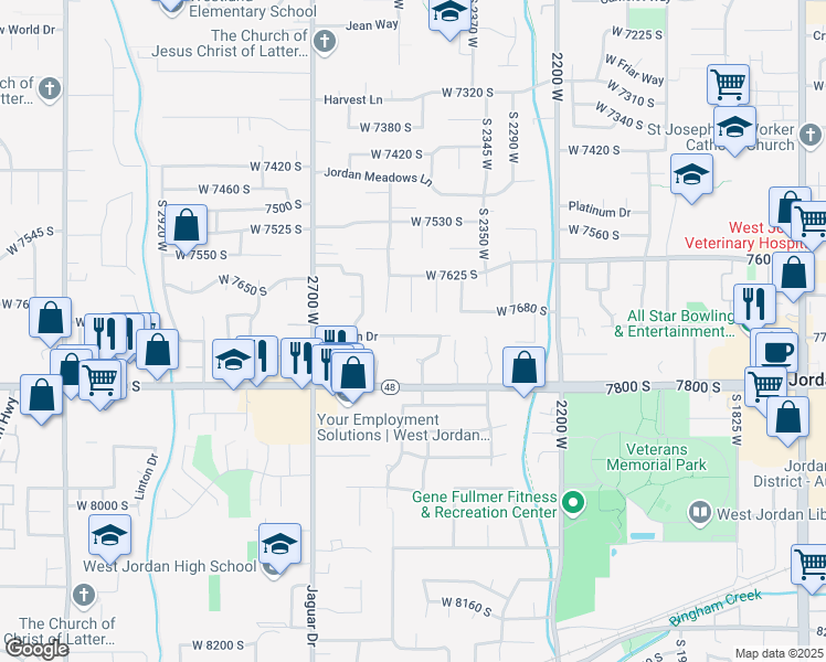 map of restaurants, bars, coffee shops, grocery stores, and more near 2498 West 7720 South in West Jordan