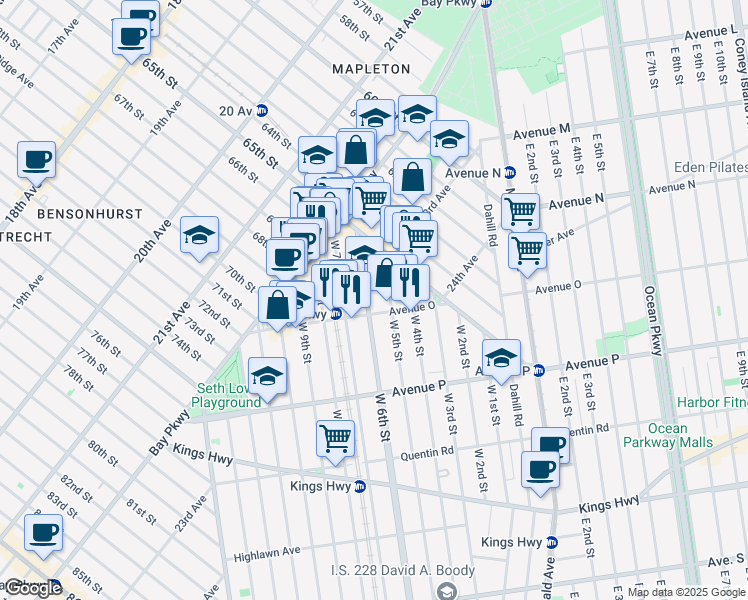 map of restaurants, bars, coffee shops, grocery stores, and more near 1403 West 6th Street in Brooklyn