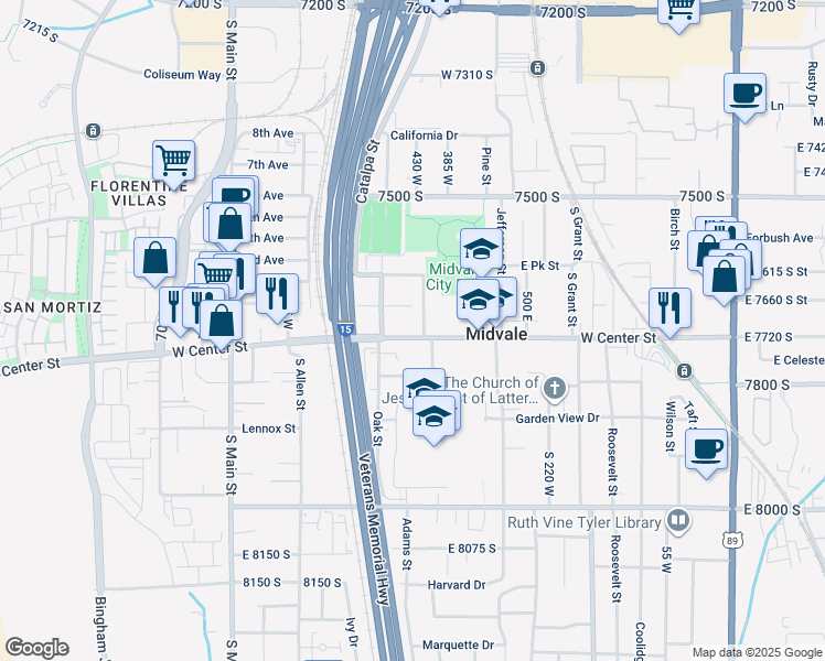 map of restaurants, bars, coffee shops, grocery stores, and more near 434 West Center Street in Midvale