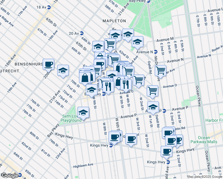map of restaurants, bars, coffee shops, grocery stores, and more near 1407 West 6th Street in Brooklyn