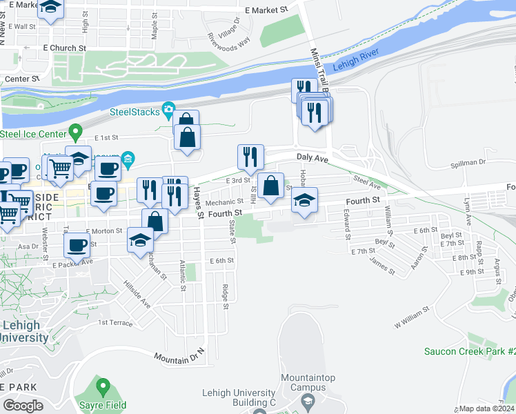 map of restaurants, bars, coffee shops, grocery stores, and more near 1111 East 4th Street in Bethlehem