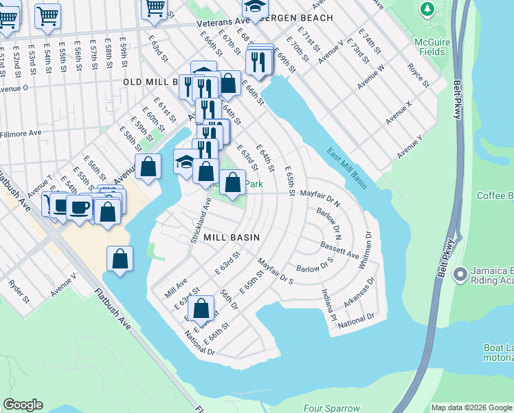 map of restaurants, bars, coffee shops, grocery stores, and more near 2431 East 63rd Street in Brooklyn