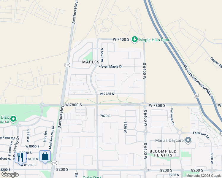 map of restaurants, bars, coffee shops, grocery stores, and more near 6598 West 7735 South in West Jordan