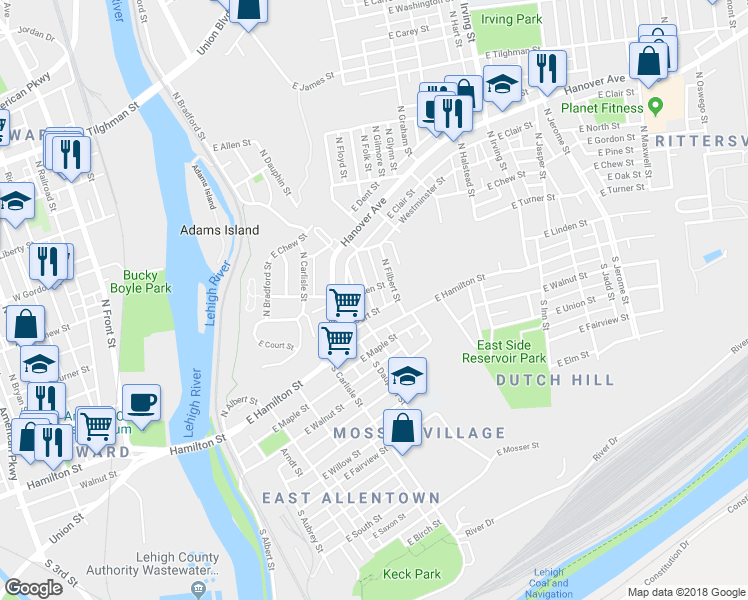map of restaurants, bars, coffee shops, grocery stores, and more near 29 North Ellsworth Street in Allentown