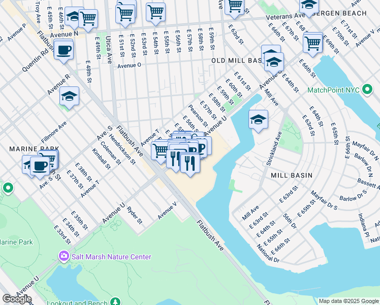 map of restaurants, bars, coffee shops, grocery stores, and more near 5412 Avenue U in Brooklyn