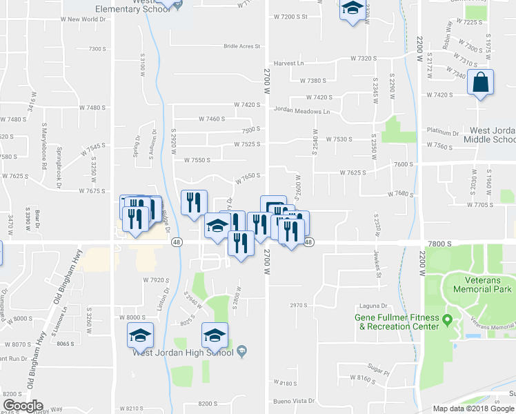 map of restaurants, bars, coffee shops, grocery stores, and more near 7726 2700 West in West Jordan