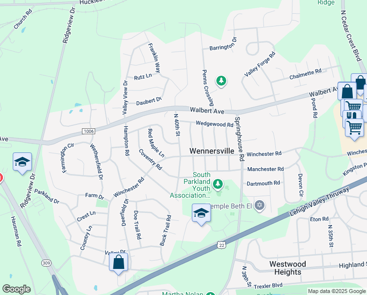 map of restaurants, bars, coffee shops, grocery stores, and more near 1451 North 40th Street in Allentown