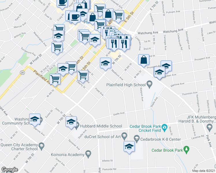 map of restaurants, bars, coffee shops, grocery stores, and more near 412 West 8th Street in Plainfield