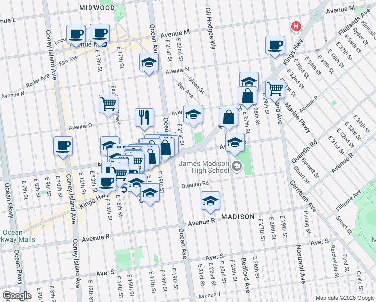 map of restaurants, bars, coffee shops, grocery stores, and more near 2140 Kings Highway in Brooklyn