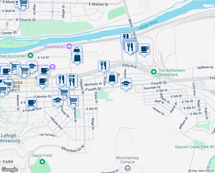 map of restaurants, bars, coffee shops, grocery stores, and more near 1113 East 4th Street in Bethlehem