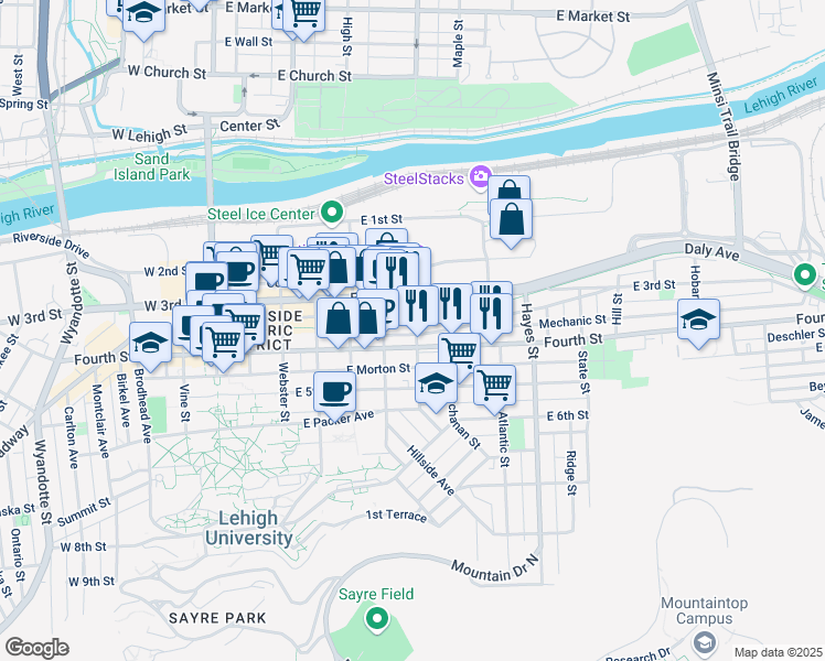 map of restaurants, bars, coffee shops, grocery stores, and more near 600 Evans Street in Bethlehem