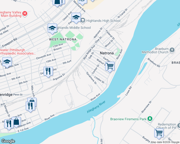map of restaurants, bars, coffee shops, grocery stores, and more near 61 Sycamore Street in Natrona Heights