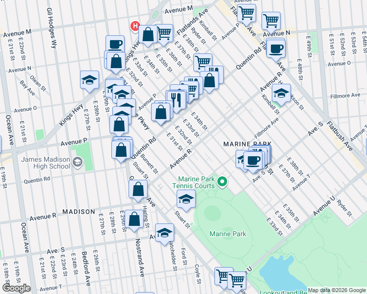 map of restaurants, bars, coffee shops, grocery stores, and more near 3124 Avenue R in Brooklyn