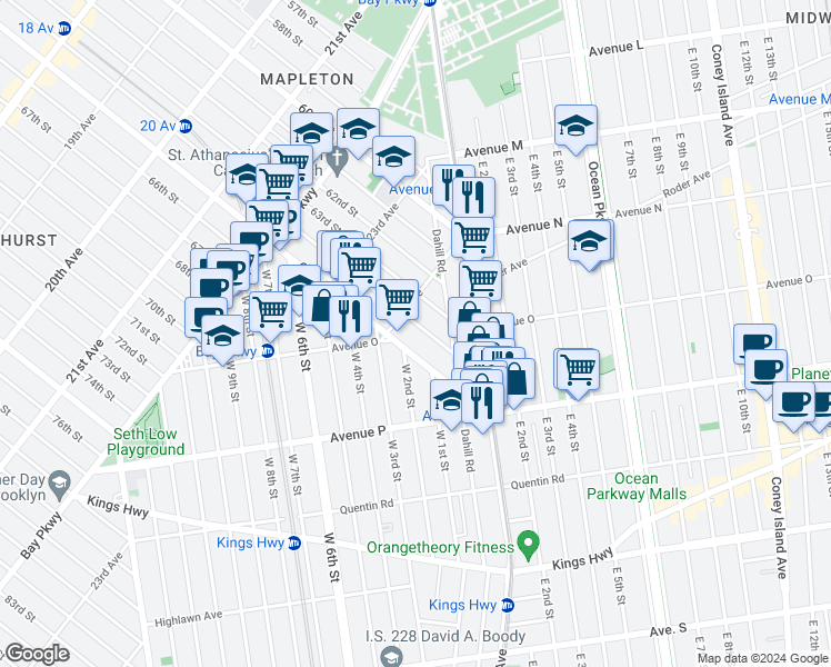 map of restaurants, bars, coffee shops, grocery stores, and more near 2426 64th Street in Brooklyn