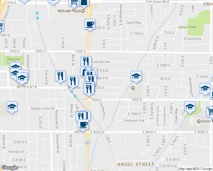 map of restaurants, bars, coffee shops, grocery stores, and more near 105 East 7720 South in Midvale