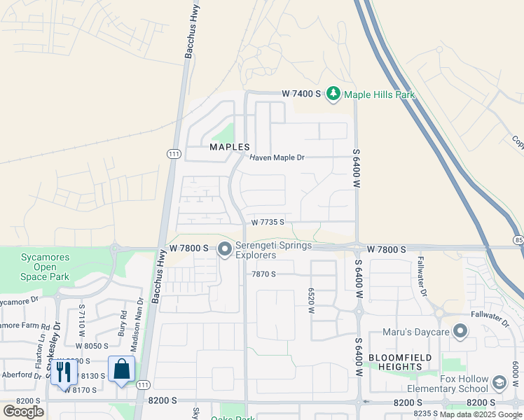 map of restaurants, bars, coffee shops, grocery stores, and more near 6655 West Terrace Wash Lane in West Jordan