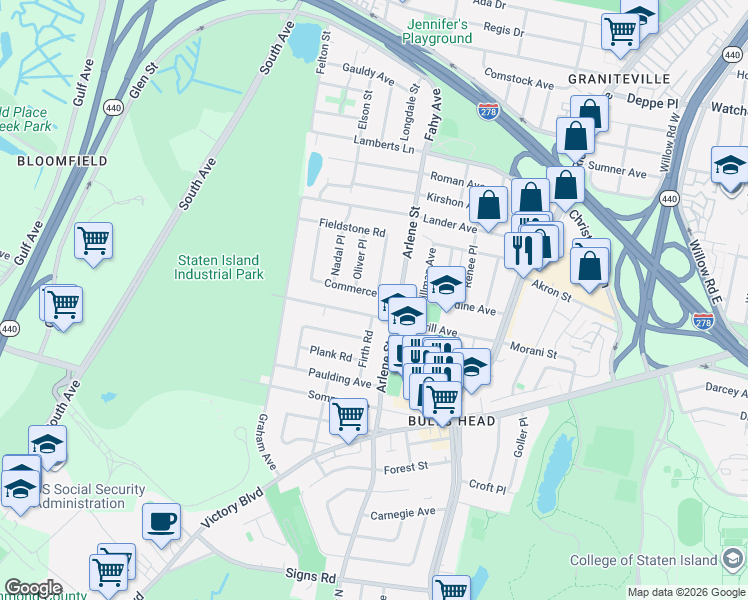 map of restaurants, bars, coffee shops, grocery stores, and more near 159 Merrill Avenue in Staten Island