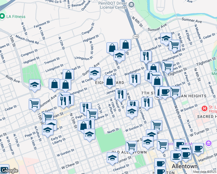 map of restaurants, bars, coffee shops, grocery stores, and more near in Allentown