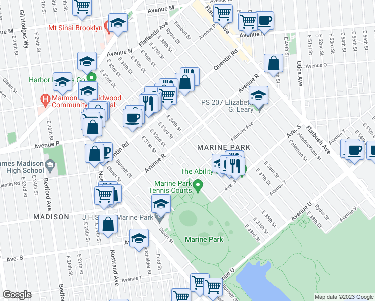 map of restaurants, bars, coffee shops, grocery stores, and more near 1827 East 33rd Street in Brooklyn
