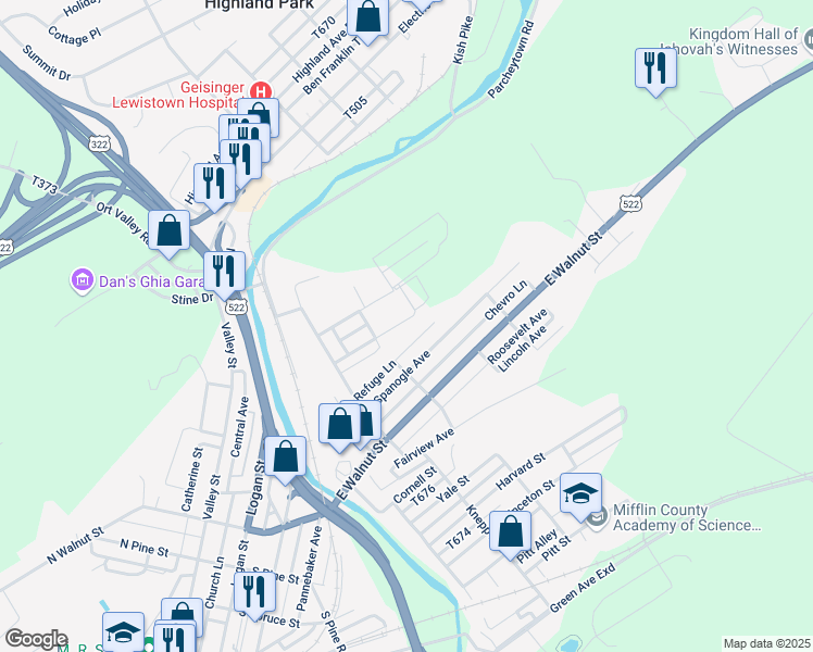 map of restaurants, bars, coffee shops, grocery stores, and more near 34 Rosemont Avenue in Lewistown