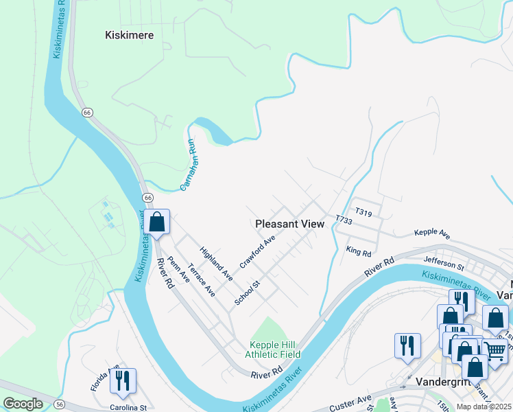map of restaurants, bars, coffee shops, grocery stores, and more near 1115 20th Street in Vandergrift