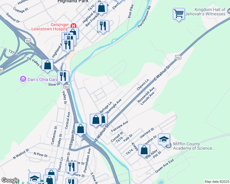 map of restaurants, bars, coffee shops, grocery stores, and more near 34 Rosemont Avenue in Lewistown
