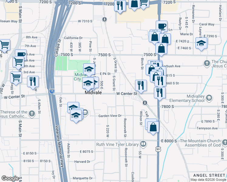 map of restaurants, bars, coffee shops, grocery stores, and more near in Midvale