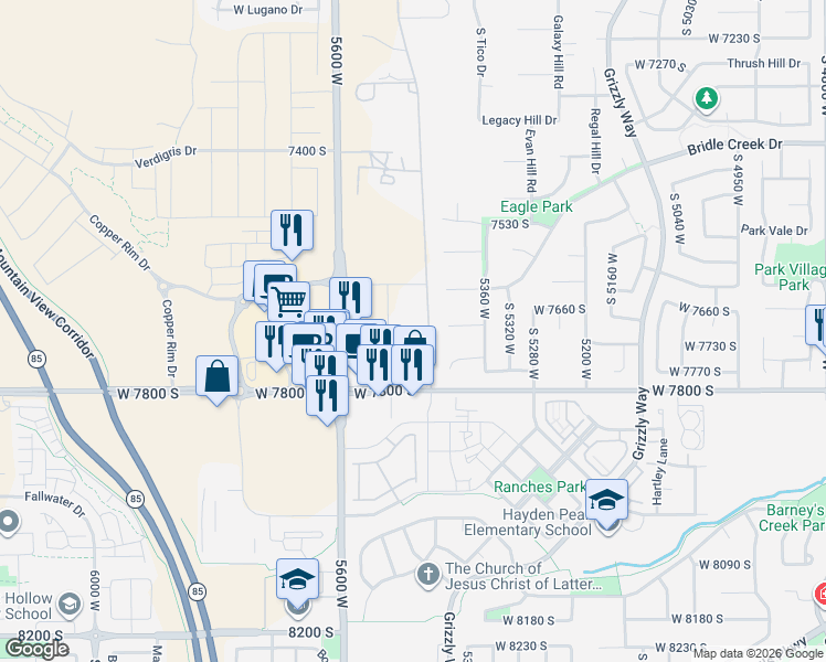 map of restaurants, bars, coffee shops, grocery stores, and more near 7712 5490 West in West Jordan