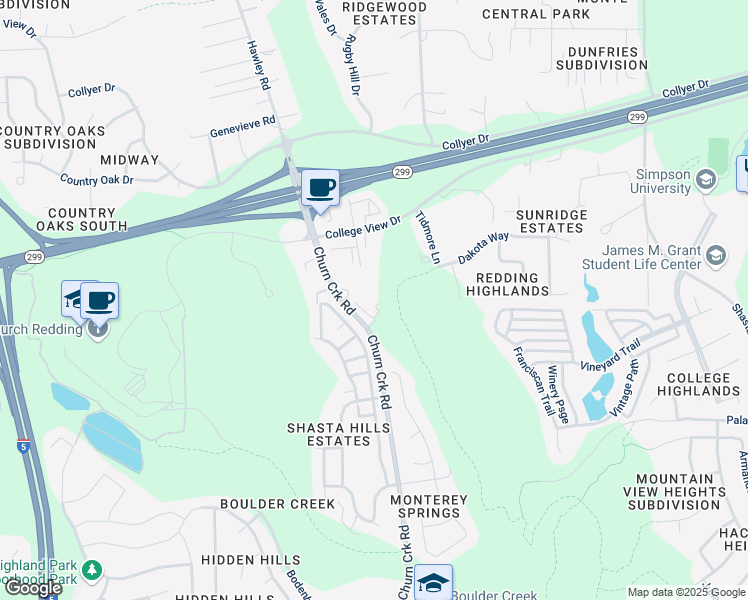 map of restaurants, bars, coffee shops, grocery stores, and more near 191 Churn Creek Road in Redding