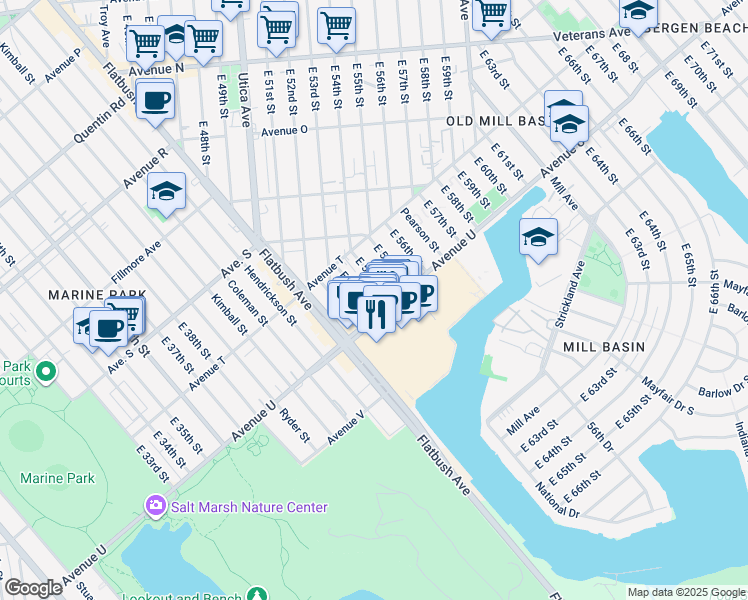map of restaurants, bars, coffee shops, grocery stores, and more near 2072 East 53rd Place in Brooklyn