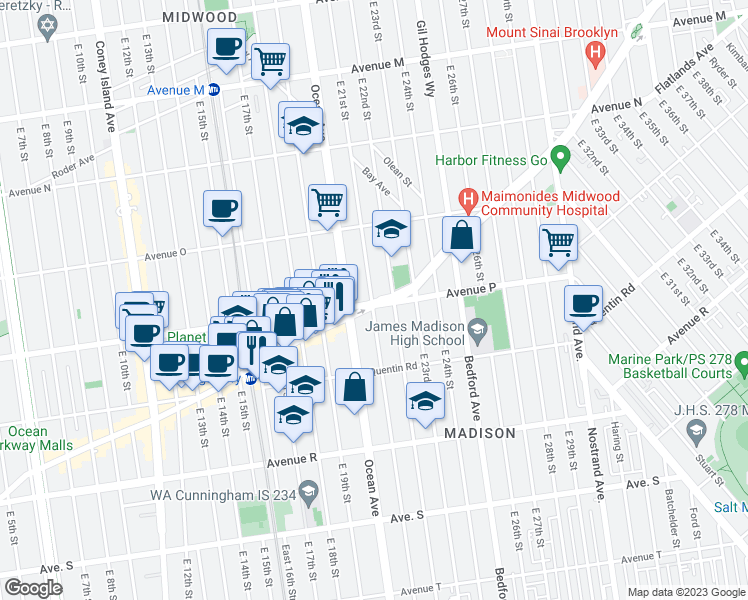map of restaurants, bars, coffee shops, grocery stores, and more near 1693 East 21st Street in Brooklyn