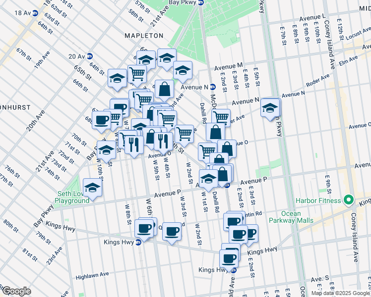 map of restaurants, bars, coffee shops, grocery stores, and more near Avenue O in Brooklyn