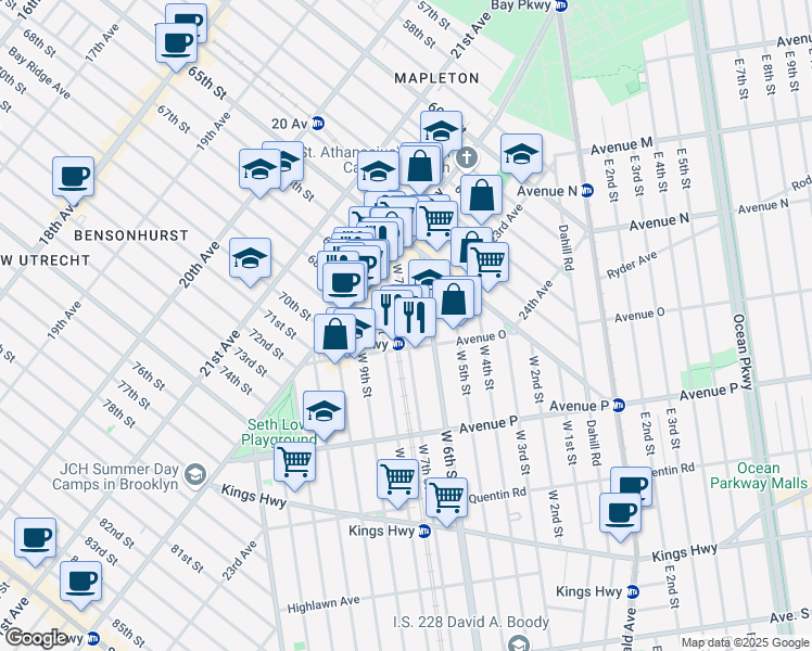 map of restaurants, bars, coffee shops, grocery stores, and more near 1408 West 7th Street in Brooklyn