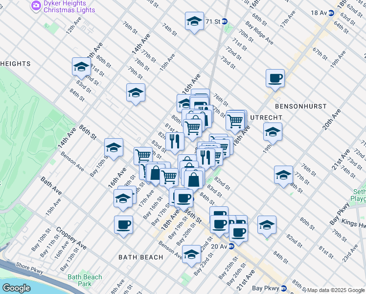 map of restaurants, bars, coffee shops, grocery stores, and more near 8124 17th Avenue in Brooklyn