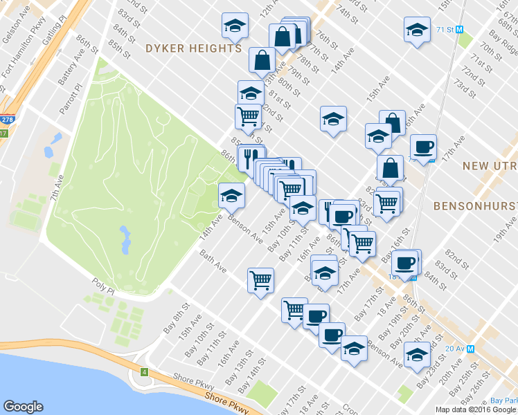 map of restaurants, bars, coffee shops, grocery stores, and more near 52 Bay 8th Street in Brooklyn