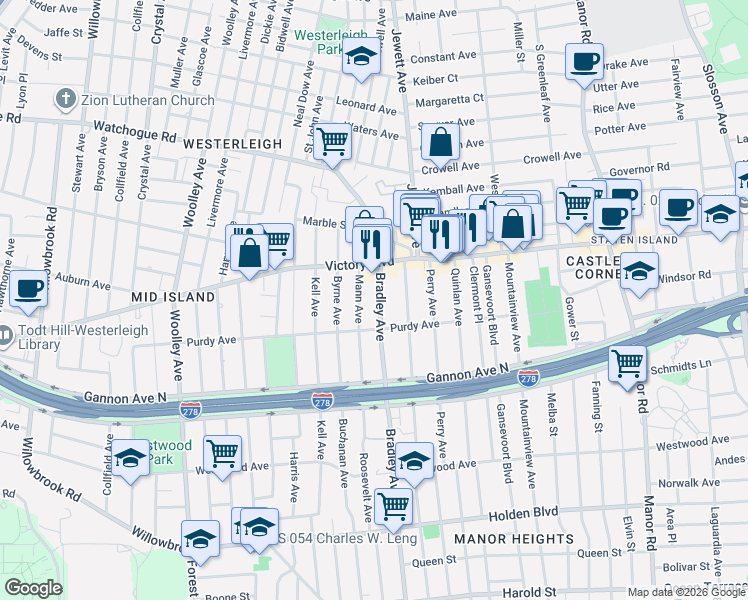 map of restaurants, bars, coffee shops, grocery stores, and more near 95 Mann Avenue in Staten Island