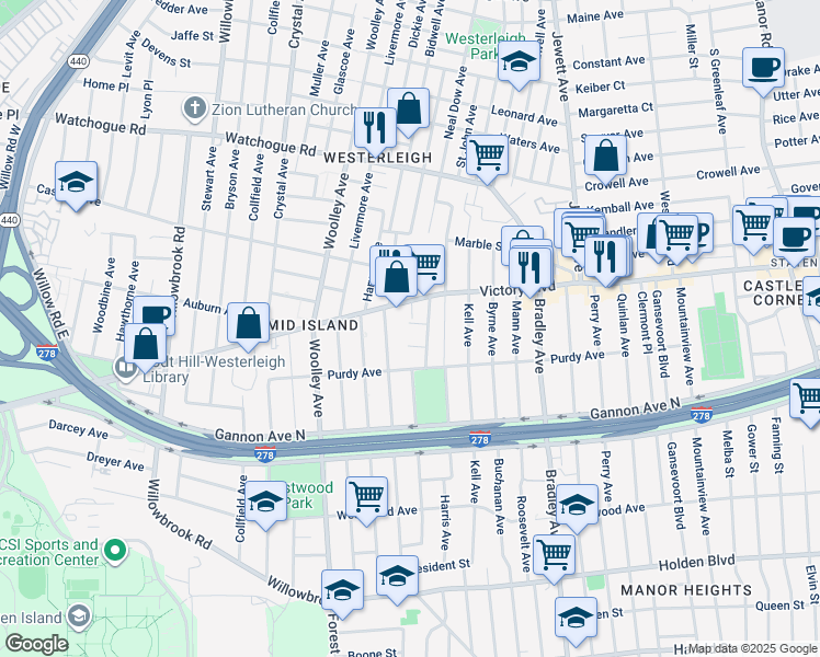 map of restaurants, bars, coffee shops, grocery stores, and more near 23 Bass Street in Staten Island