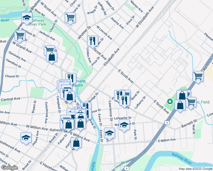 map of restaurants, bars, coffee shops, grocery stores, and more near 36 East Grand Avenue in Rahway