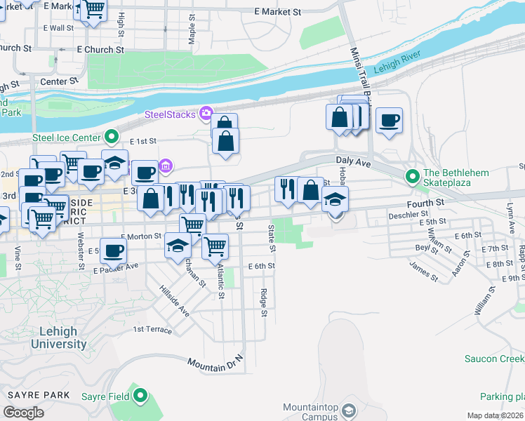 map of restaurants, bars, coffee shops, grocery stores, and more near 935 East 4th Street in Bethlehem