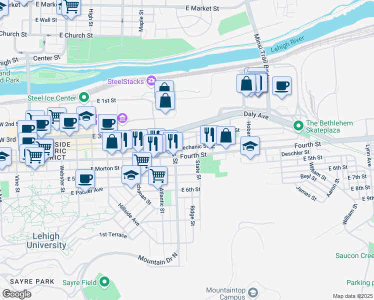map of restaurants, bars, coffee shops, grocery stores, and more near 935 East 4th Street in Bethlehem