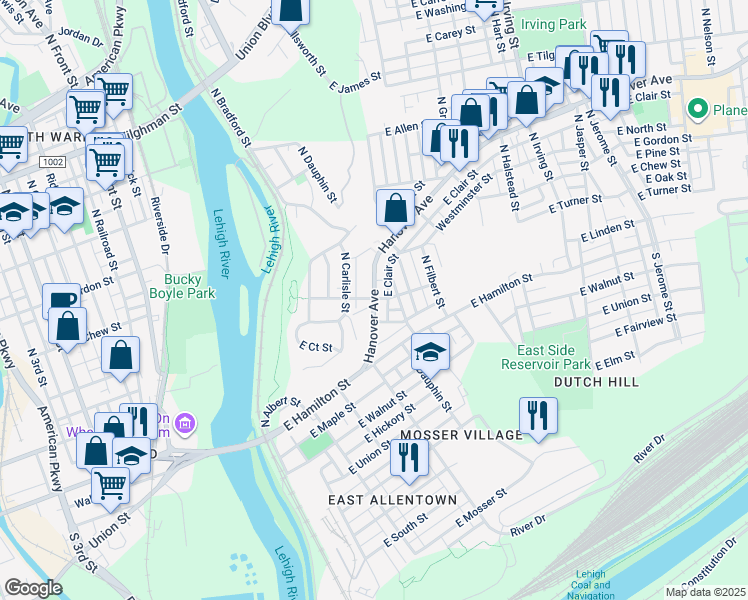 map of restaurants, bars, coffee shops, grocery stores, and more near in Allentown