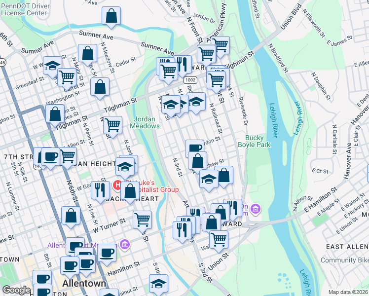 map of restaurants, bars, coffee shops, grocery stores, and more near 190 West Gordon Street in Allentown