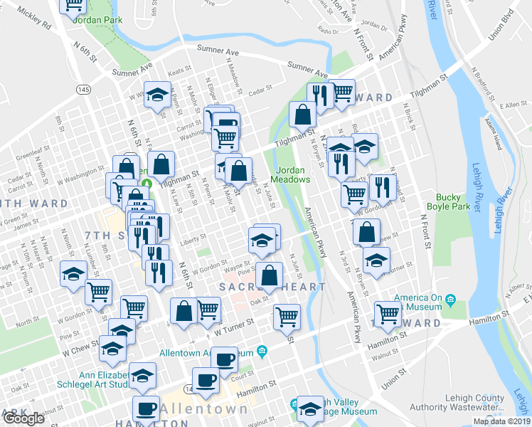 map of restaurants, bars, coffee shops, grocery stores, and more near 398 Liberty Street in Allentown