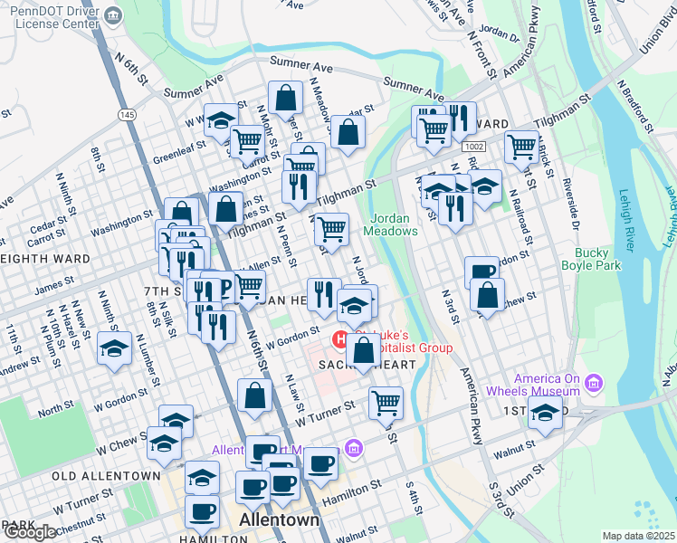 map of restaurants, bars, coffee shops, grocery stores, and more near 398 Liberty Street in Allentown