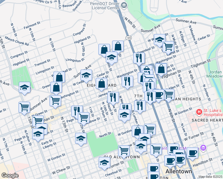map of restaurants, bars, coffee shops, grocery stores, and more near 724 North Fountain Street in Allentown