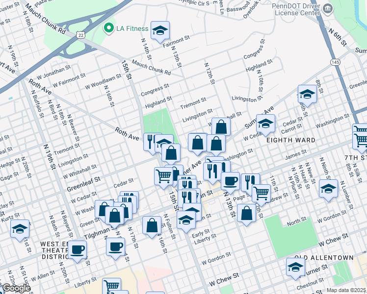 map of restaurants, bars, coffee shops, grocery stores, and more near 901 North 14th Street in Allentown